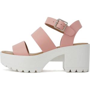 Soda ACCOUNT ~ Women Open Toe Two Bands Lug sole Fashion Block Heel Sandals with Adjustable Ankle Strap(Pink Pu)