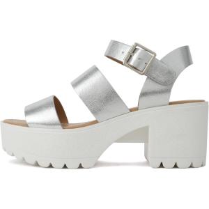 Soda ACCOUNT ~ Women Open Toe Two Bands Lug sole Fashion Block Heel Sandals with Adjustable Ankle Strap(Silver Metallic)