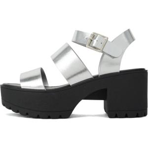 Soda ACCOUNT ~ Women Open Toe Two Bands Lug sole Fashion Block Heel Sandals with Adjustable Ankle Strap(Silver/Black Metallic)