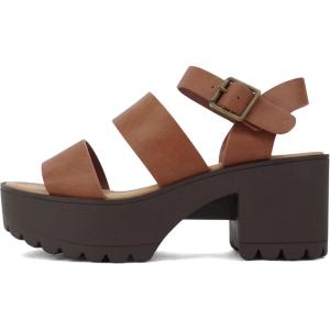 Soda ACCOUNT ~ Women Open Toe Two Bands Lug sole Fashion Block Heel Sandals with Adjustable Ankle Strap(Tan Pu)