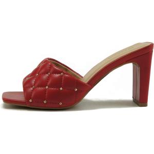 Soda JELLO ~ Women Slip On Diamond Quilted Stud Gem Jewel Fashion Flat Heel Sandal(Red Pu)