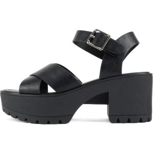 Soda “Joey” ~ Women Open Toe Criss Cross Strap Mid Heel Sandal with Adjustable Ankle Strap(Black Pu)