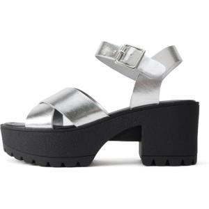 Soda “Joey” ~ Women Open Toe Criss Cross Strap Mid Heel Sandal with Adjustable Ankle Strap(Silver/Black)