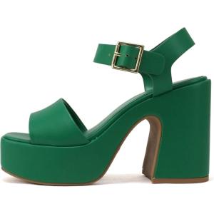 Soda Launch ~ Women Open Toe Ankle Strap Platform Chunky High Heeled Sandal(Emerald Green Pu)