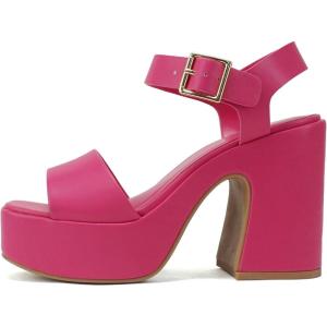 Soda Launch ~ Women Open Toe Ankle Strap Platform Chunky High Heeled Sandal(Fuchsia Pu)
