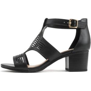 Soda “Norway” ~ Women Open Toe Closed Back Counter Cutout Upper Low Block Heel Sandal with Adjustable Ankle Strap(Black Pu)
