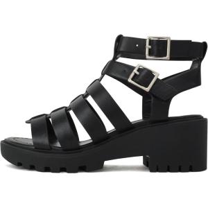 Soda “Rebirth” ~ Women Open Toe Fisherman Multi Strap Buckle Lug Sole Low Block Heeled Sandals(Black Pu)