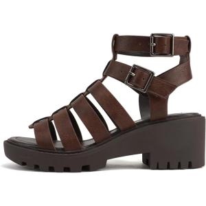 Soda “Rebirth” ~ Women Open Toe Fisherman Multi Strap Buckle Lug Sole Low Block Heeled Sandals(Brown Pu)