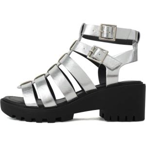 Soda “Rebirth” ~ Women Open Toe Fisherman Multi Strap Buckle Lug Sole Low Block Heeled Sandals(Silver Metallic Pu)