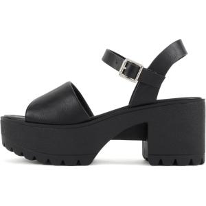 Soda “Stacie” ~ Women Open Toe Lug Sole Mid Block Heeled Sandals with Adjustable Ankle Strap(Black Pu)