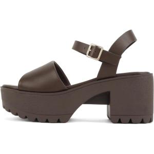 Soda “Stacie” ~ Women Open Toe Lug Sole Mid Block Heeled Sandals with Adjustable Ankle Strap(Brown Pu)