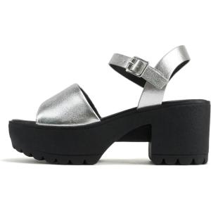 Soda “Stacie” ~ Women Open Toe Lug Sole Mid Block Heeled Sandals with Adjustable Ankle Strap(Silver Pu)