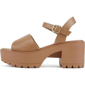 Soda “Stacie” ~ Women Open Toe Lug Sole Mid Block Heeled Sandals with Adjustable Ankle Strap(Tan Pu)