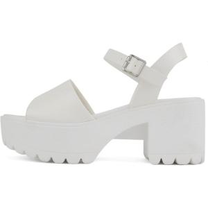 Soda “Stacie” ~ Women Open Toe Lug Sole Mid Block Heeled Sandals with Adjustable Ankle Strap(White Pu)