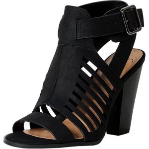 Soda Yummy ~ Gladiator Cutout Stacked Heel Sandal Shoes with Adjustable Ankle Buckle(Black)