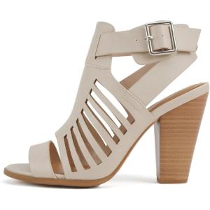 Soda Yummy ~ Gladiator Cutout Stacked Heel Sandal Shoes with Adjustable Ankle Buckle(Dark Nude Pu)