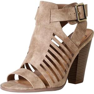Soda Yummy ~ Gladiator Cutout Stacked Heel Sandal Shoes with Adjustable Ankle Buckle(Taupe Pu)