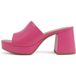 Soda “Zafer” ~ Women Square Toe Single Band Upper Medium Heel Platform Slide Sandal(Bright Fuchsia Pu)