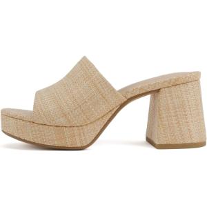 Soda “Zafer” ~ Women Square Toe Single Band Upper Medium Heel Platform Slide Sandal(Natural Raffia)