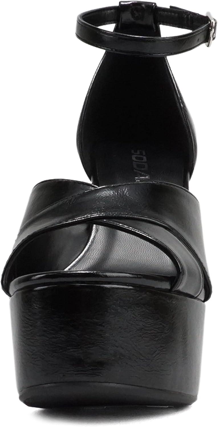imageSoda ATOMIC  Women Open Round Toe Crisscross Band Closed Back Counter Platform High Heel Sandal with Adjustable Ankle StrapBlack Pu