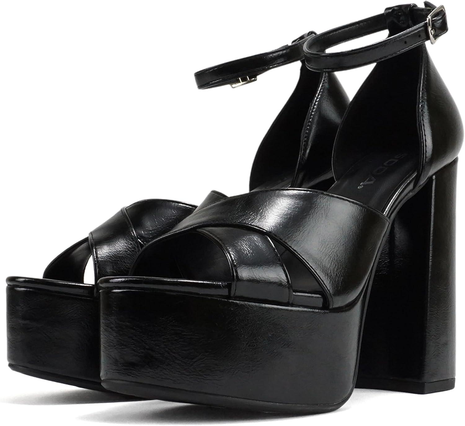 imageSoda ATOMIC  Women Open Round Toe Crisscross Band Closed Back Counter Platform High Heel Sandal with Adjustable Ankle StrapBlack Pu