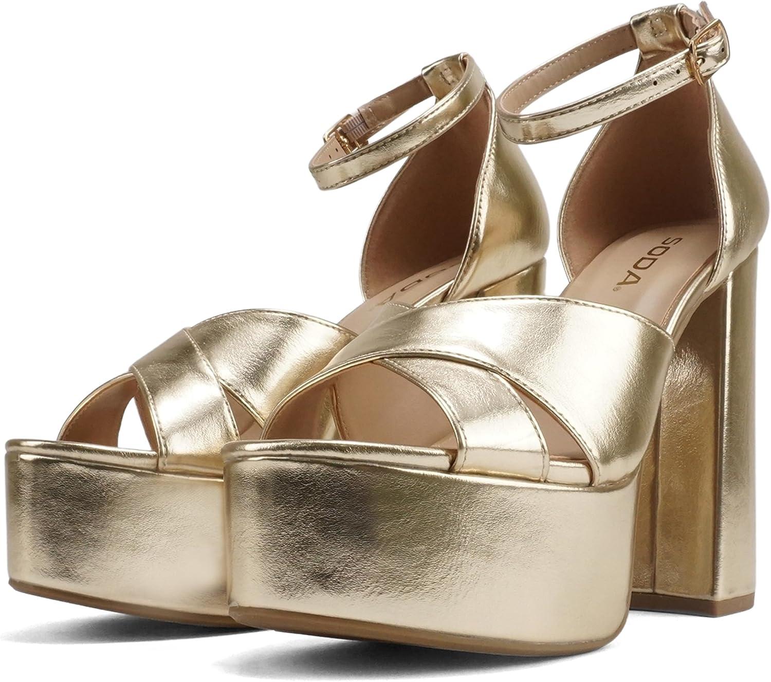 imageSoda ATOMIC  Women Open Round Toe Crisscross Band Closed Back Counter Platform High Heel Sandal with Adjustable Ankle StrapGold Metallic