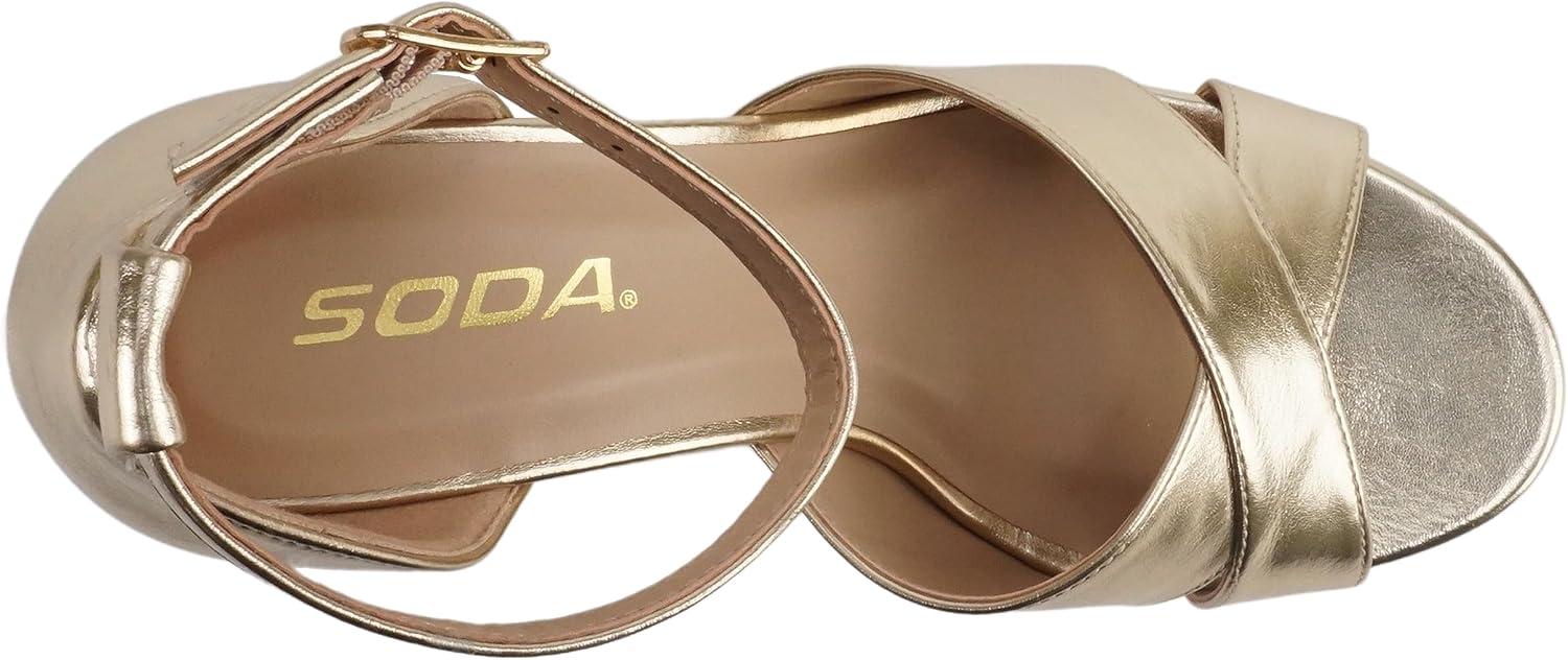 imageSoda ATOMIC  Women Open Round Toe Crisscross Band Closed Back Counter Platform High Heel Sandal with Adjustable Ankle StrapGold Metallic