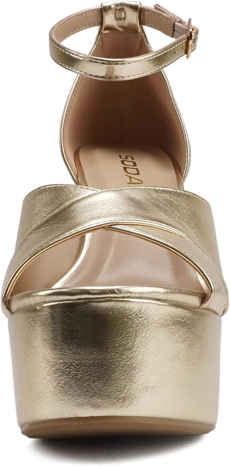 imageSoda ATOMIC  Women Open Round Toe Crisscross Band Closed Back Counter Platform High Heel Sandal with Adjustable Ankle StrapGold Metallic