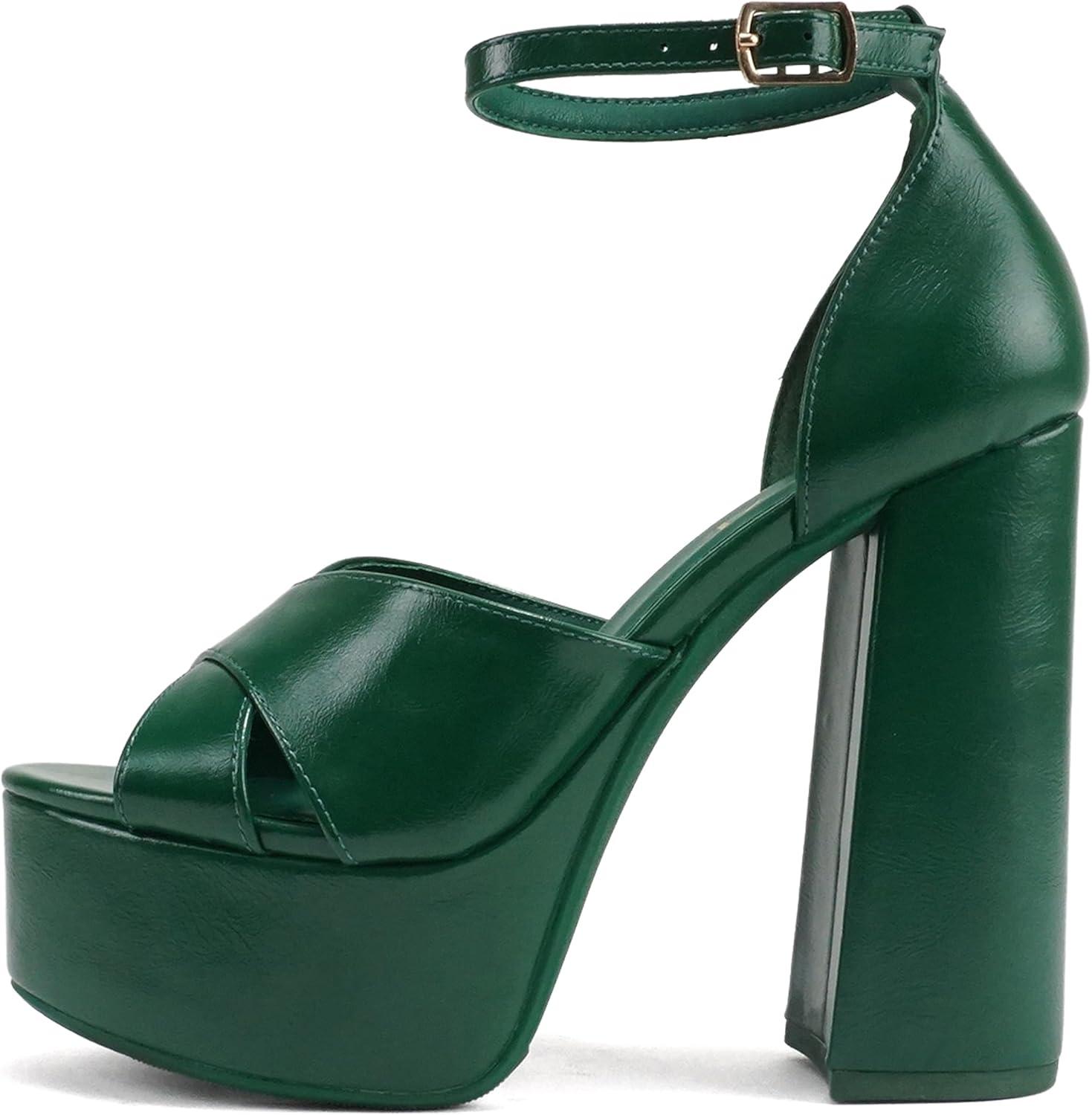 imageSoda ATOMIC  Women Open Round Toe Crisscross Band Closed Back Counter Platform High Heel Sandal with Adjustable Ankle StrapGreen Pu