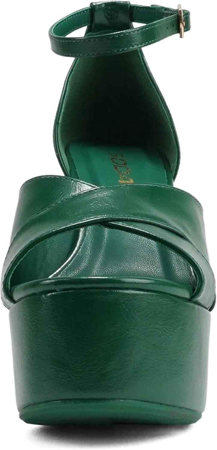 imageSoda ATOMIC  Women Open Round Toe Crisscross Band Closed Back Counter Platform High Heel Sandal with Adjustable Ankle StrapGreen Pu