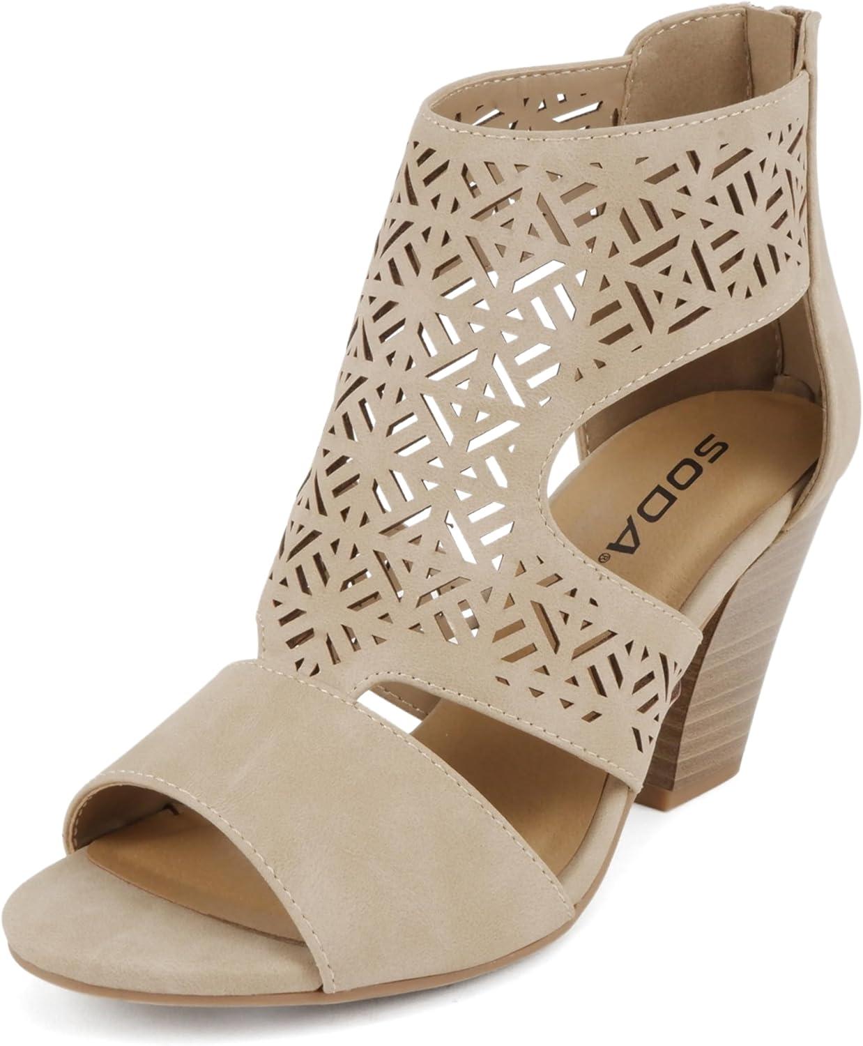 imageSoda Amicia  Women Round Peep Toe Single Band Geometric Cutout Low Block Heel Sandal with Back ZipperTaupe Nubuck