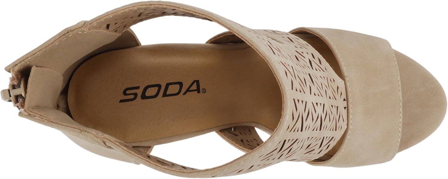 imageSoda Amicia  Women Round Peep Toe Single Band Geometric Cutout Low Block Heel Sandal with Back ZipperTaupe Nubuck