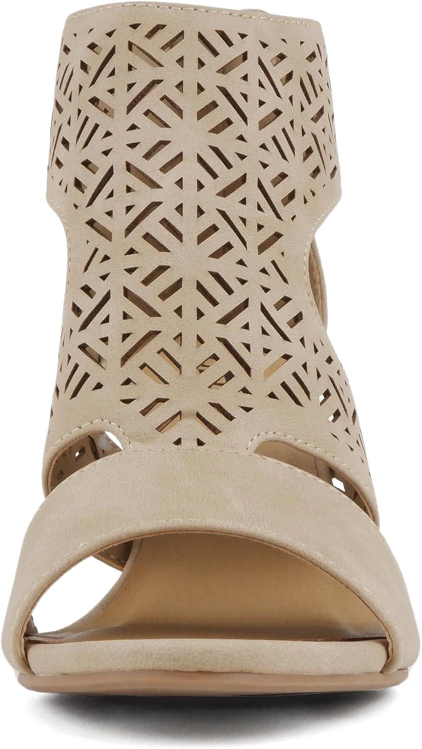 imageSoda Amicia  Women Round Peep Toe Single Band Geometric Cutout Low Block Heel Sandal with Back ZipperTaupe Nubuck