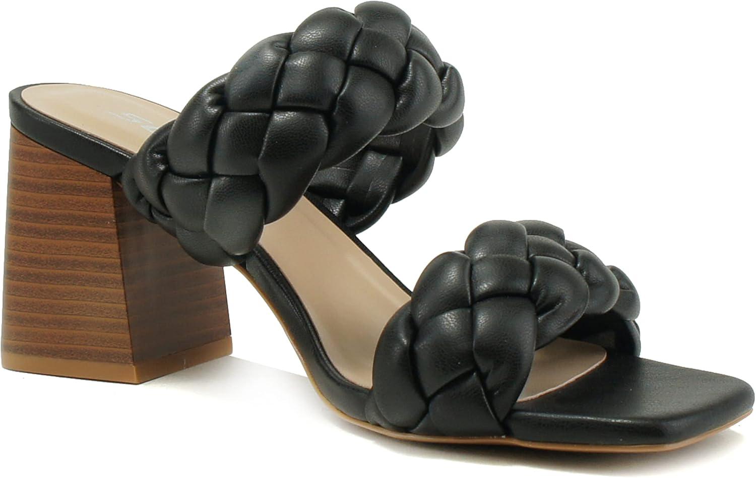 imageSoda BUGGY  Women Double Braided Straps Casual Open Square Toe Fashion Slide Block Heel SandalBlack Pu