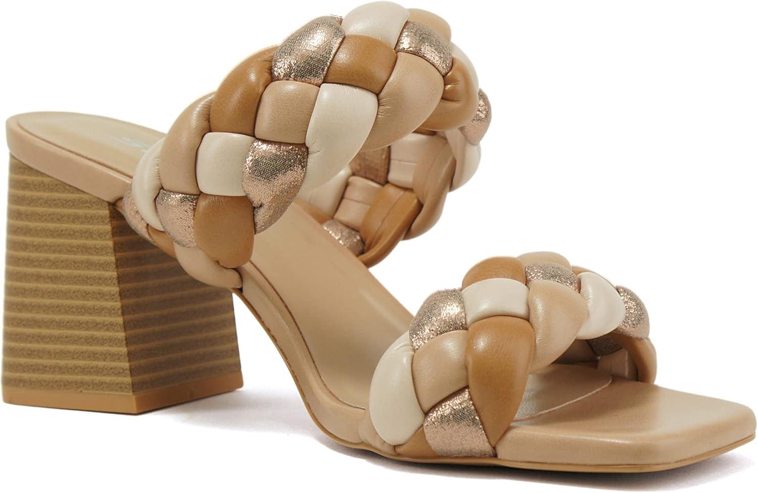 imageSoda BUGGY  Women Double Braided Straps Casual Open Square Toe Fashion Slide Block Heel SandalDk Nude Multi