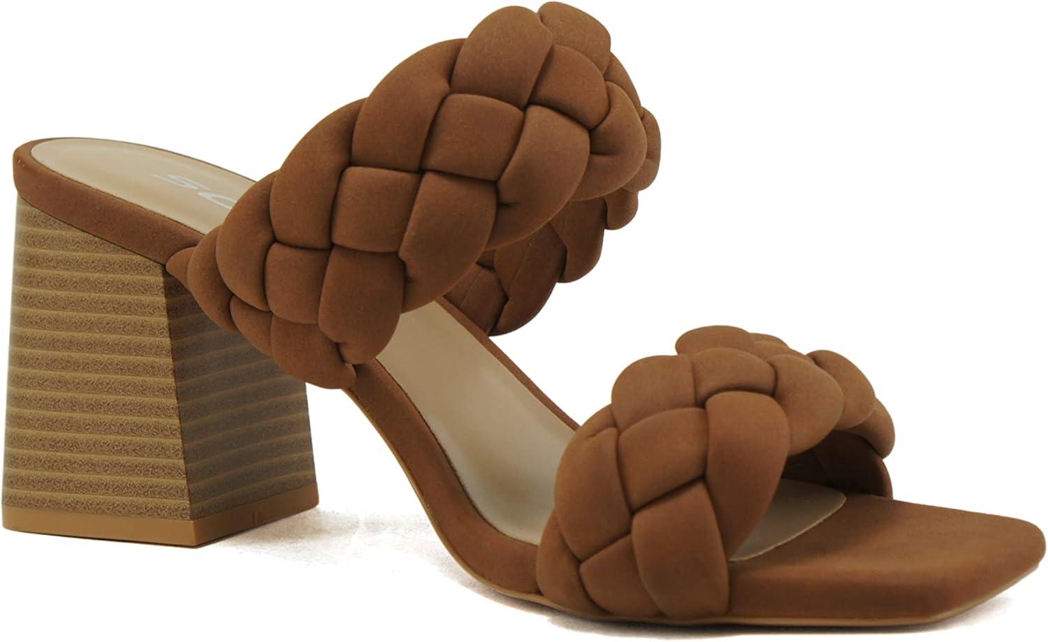 imageSoda BUGGY  Women Double Braided Straps Casual Open Square Toe Fashion Slide Block Heel SandalLt Cognac