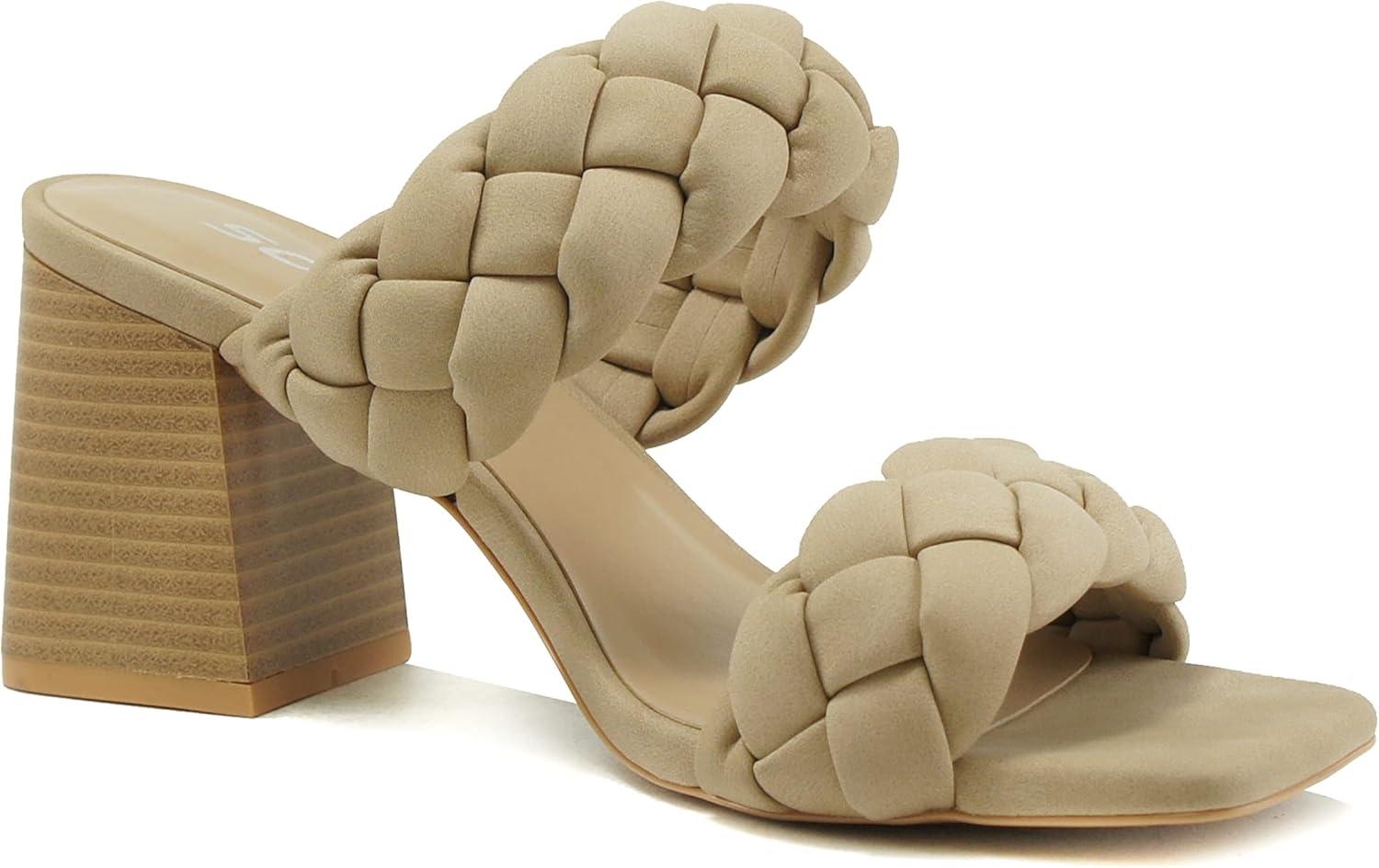 imageSoda BUGGY  Women Double Braided Straps Casual Open Square Toe Fashion Slide Block Heel SandalTaupe Pu