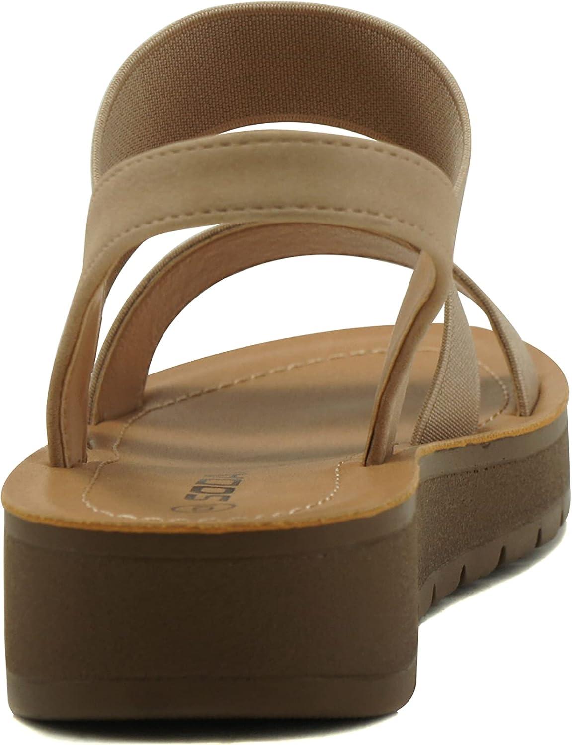 imageSoda BUTTON  Women Slip On Casual Open Toe Three Elastic Bands with Ankle Strap Fashion Gladiator SandalWheat