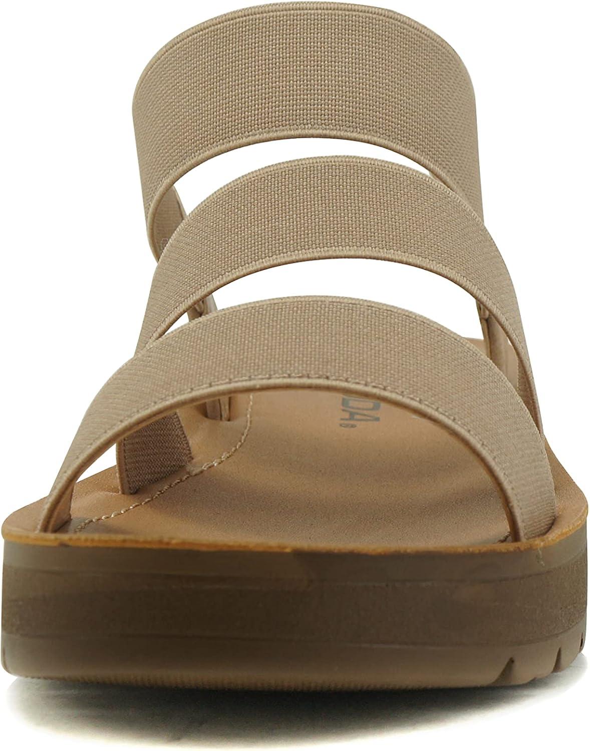 imageSoda BUTTON  Women Slip On Casual Open Toe Three Elastic Bands with Ankle Strap Fashion Gladiator SandalWheat