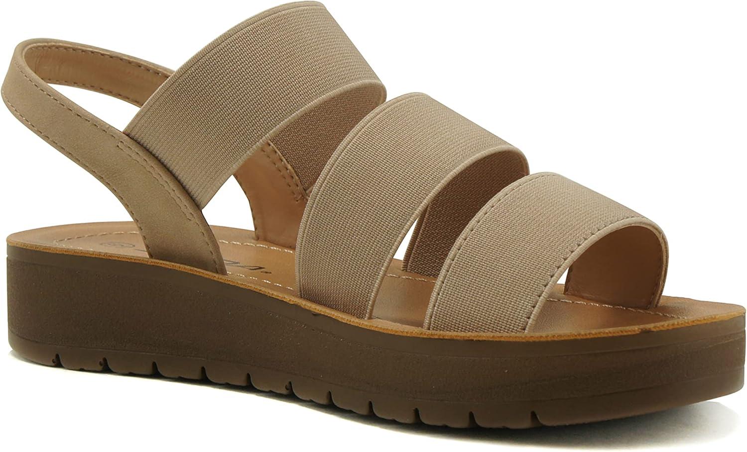 imageSoda BUTTON  Women Slip On Casual Open Toe Three Elastic Bands with Ankle Strap Fashion Gladiator SandalWheat