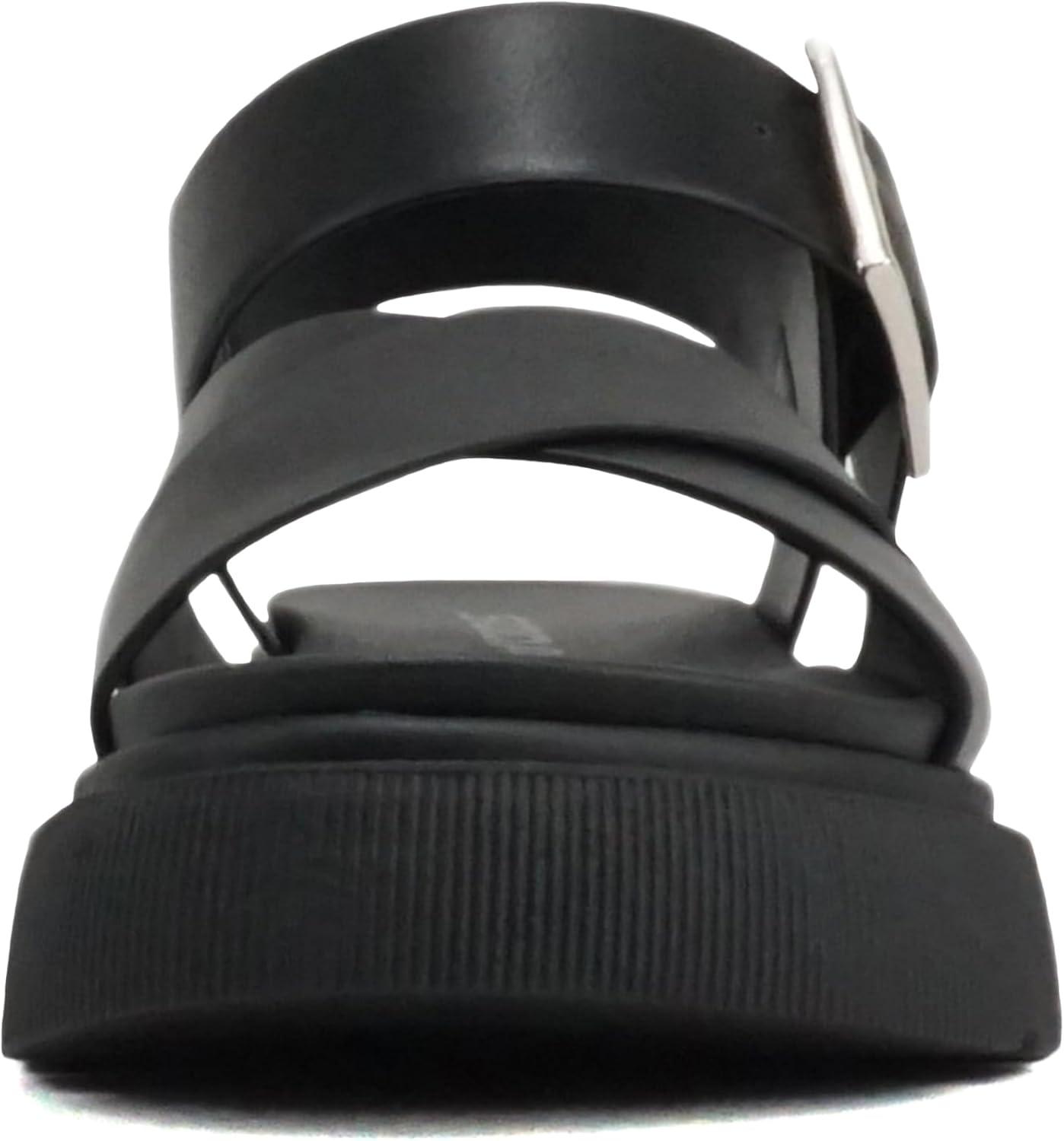 imageSoda Carter  Women Open Round Toe Crisscross Upper Lug Sole Platform Sandal with Adjustable Ankle StrapAll Black