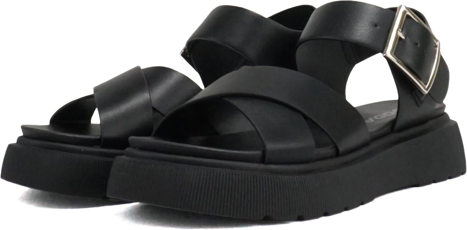 imageSoda Carter  Women Open Round Toe Crisscross Upper Lug Sole Platform Sandal with Adjustable Ankle StrapAll Black