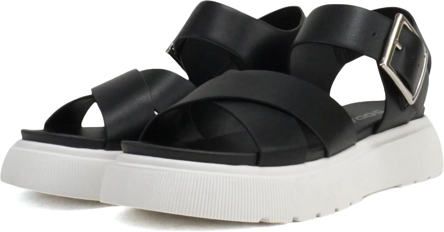 imageSoda Carter  Women Open Round Toe Crisscross Upper Lug Sole Platform Sandal with Adjustable Ankle StrapBlack Pu