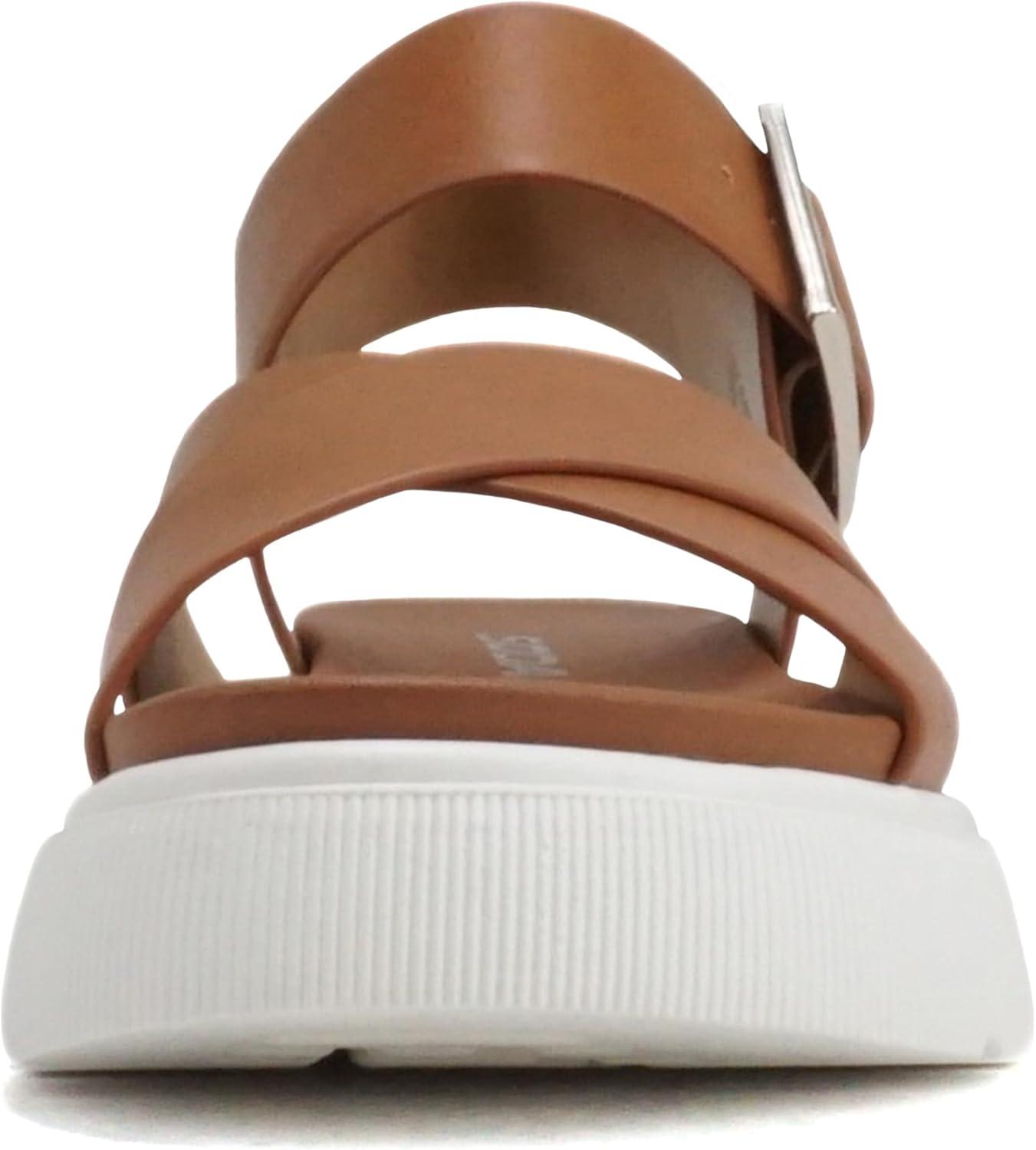 imageSoda Carter  Women Open Round Toe Crisscross Upper Lug Sole Platform Sandal with Adjustable Ankle StrapCognac Pu