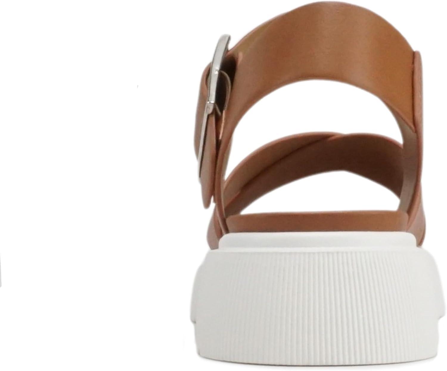 imageSoda Carter  Women Open Round Toe Crisscross Upper Lug Sole Platform Sandal with Adjustable Ankle StrapCognac Pu