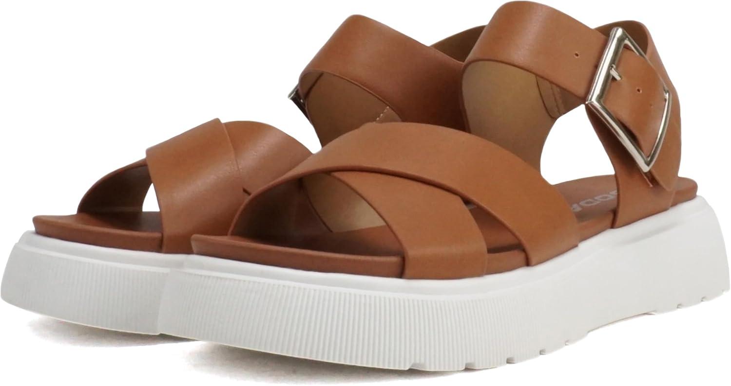 imageSoda Carter  Women Open Round Toe Crisscross Upper Lug Sole Platform Sandal with Adjustable Ankle StrapCognac Pu