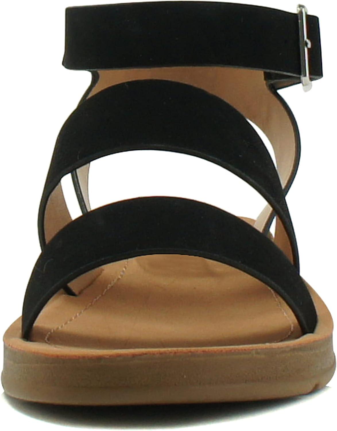 imageSoda DOZEN  Women Casual Open Toe Two Bands with Ankle Buckle Strap Fashion Slide Flat SandalBlack Nbpu