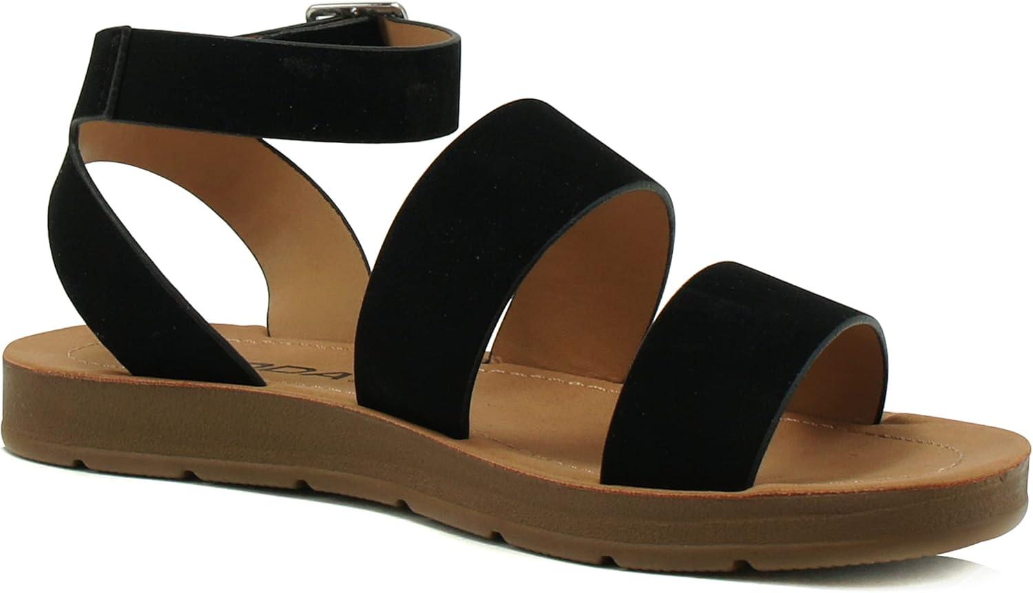 imageSoda DOZEN  Women Casual Open Toe Two Bands with Ankle Buckle Strap Fashion Slide Flat SandalBlack Nbpu