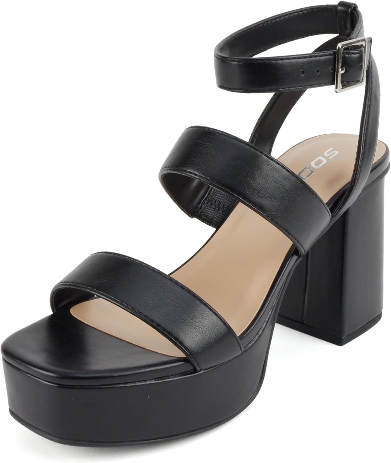 imageSoda Dudley  Women Square Toe Multi Band High Heel Platform Dress Sandal with Adjustable Ankle StrapBlack Pu