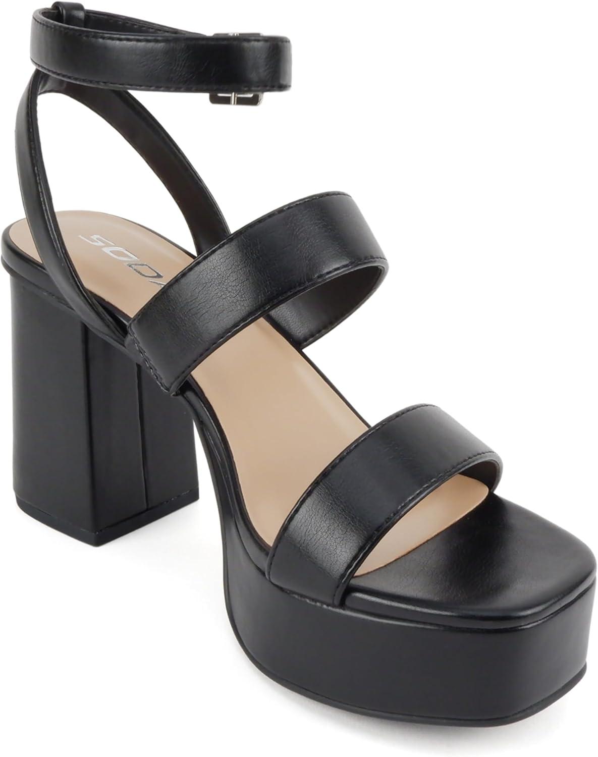 imageSoda Dudley  Women Square Toe Multi Band High Heel Platform Dress Sandal with Adjustable Ankle StrapBlack Pu